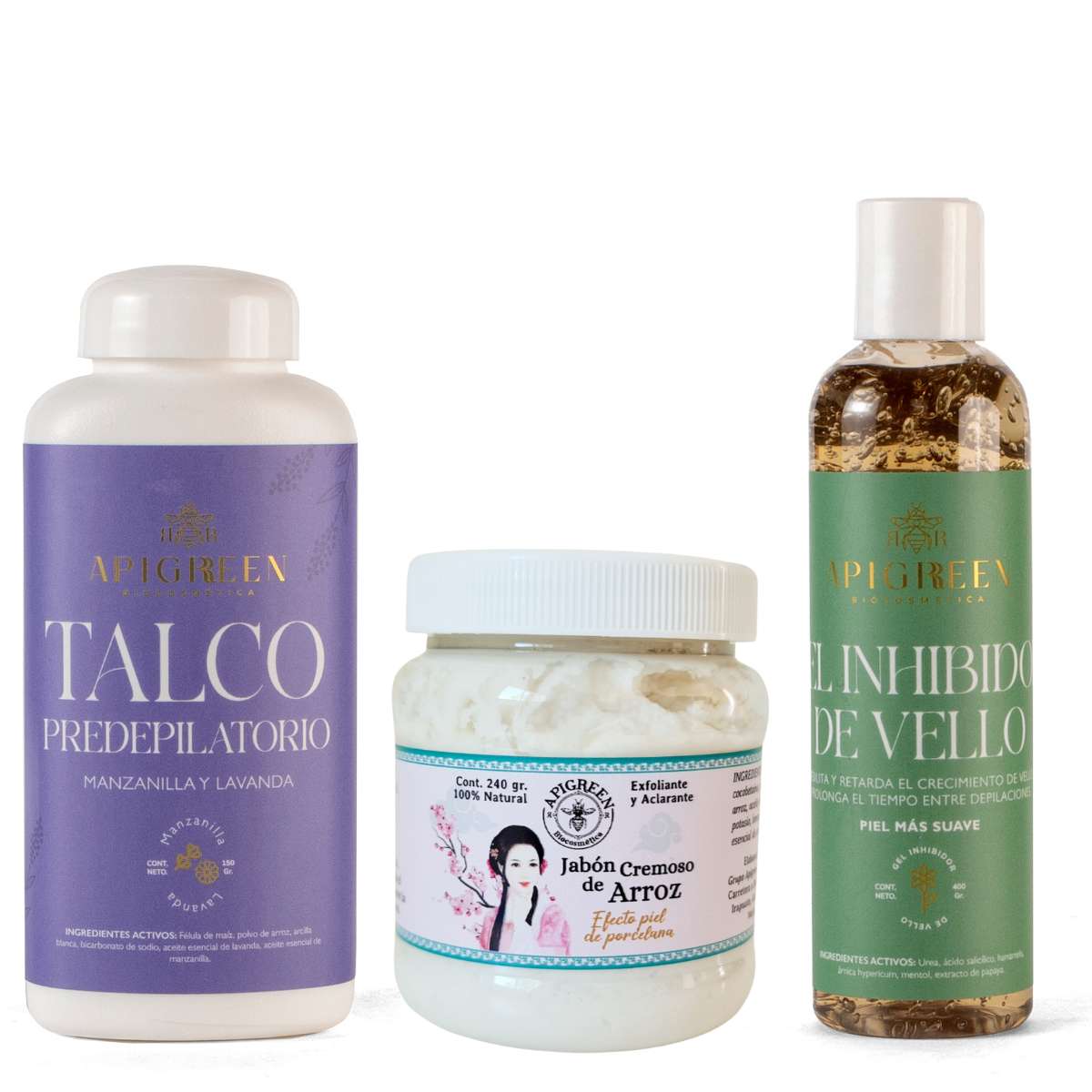 Kit inhibidor de vello con talco y exfoliante de arroz